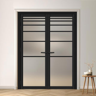 Image: Revella Solid Wood Internal Door Pair UK Made DD0111F Frosted Glass - Shadow Black Premium Primed - Urban Lite® Bespoke Sizes
