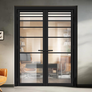 Image: Revella Solid Wood Internal Door Pair UK Made DD0111C Clear Glass - Shadow Black Premium Primed - Urban Lite® Bespoke Sizes