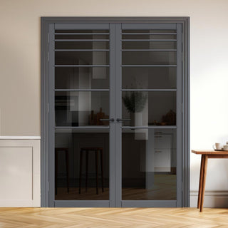 Image: Revella Solid Wood Internal Door Pair UK Made DD0111T Tinted Glass - Stormy Grey Premium Primed - Urban Lite® Bespoke Sizes
