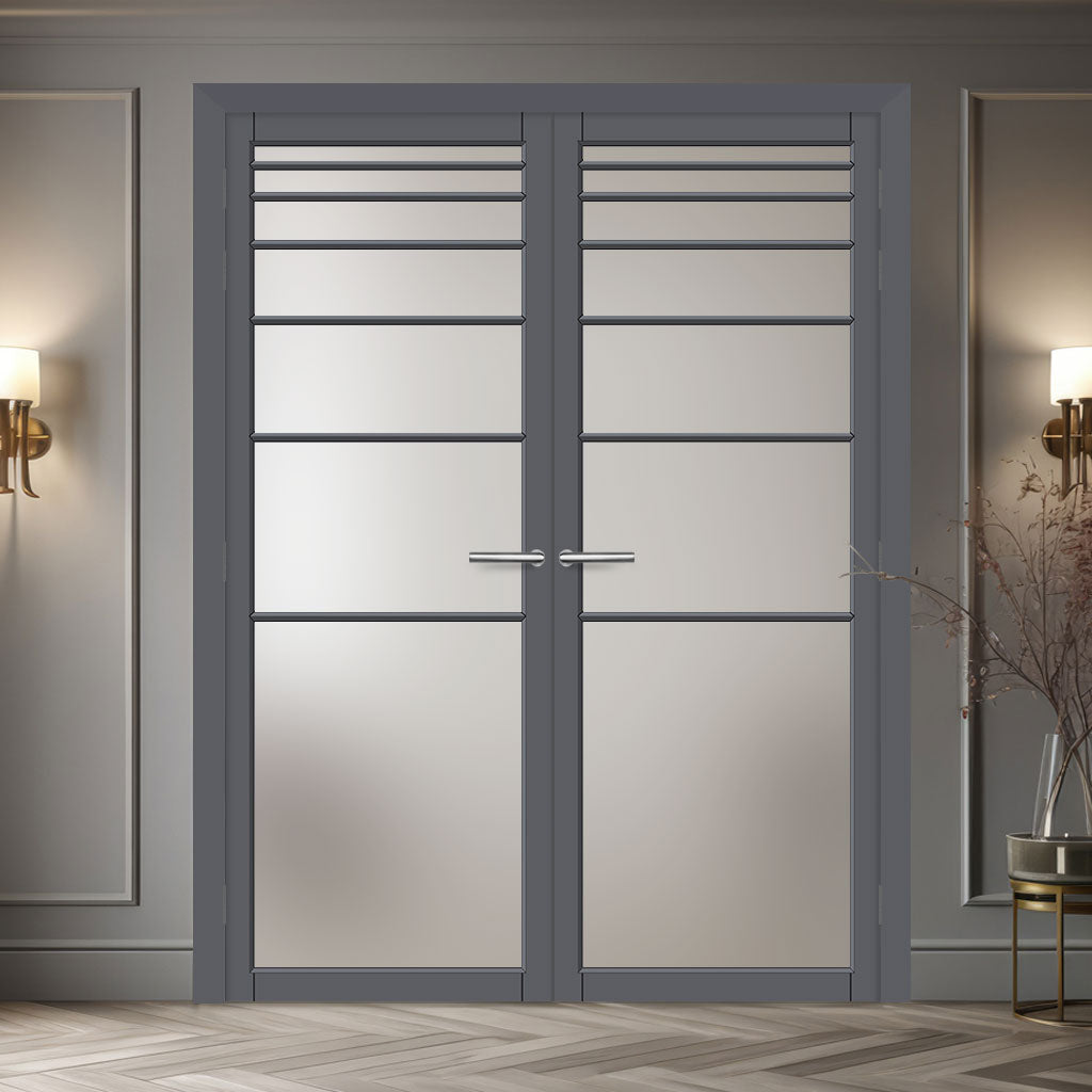 Revella Solid Wood Internal Door Pair UK Made DD0111F Frosted Glass - Stormy Grey Premium Primed - Urban Lite® Bespoke Sizes