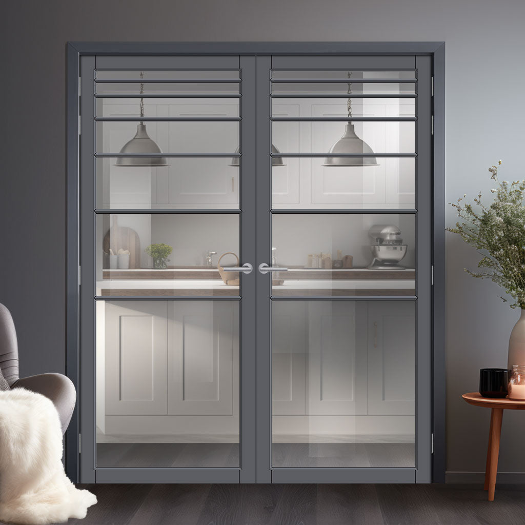 Revella Solid Wood Internal Door Pair UK Made DD0111C Clear Glass - Stormy Grey Premium Primed - Urban Lite® Bespoke Sizes