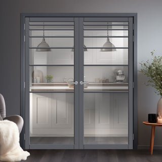 Image: Revella Solid Wood Internal Door Pair UK Made DD0111C Clear Glass - Stormy Grey Premium Primed - Urban Lite® Bespoke Sizes