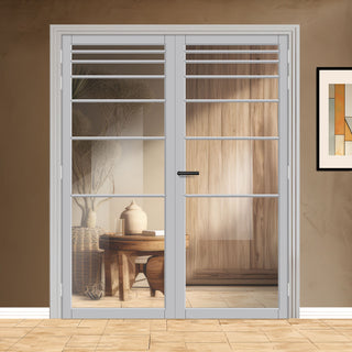 Image: Revella Solid Wood Internal Door Pair UK Made DD0111C Clear Glass - Mist Grey Premium Primed - Urban Lite® Bespoke Sizes