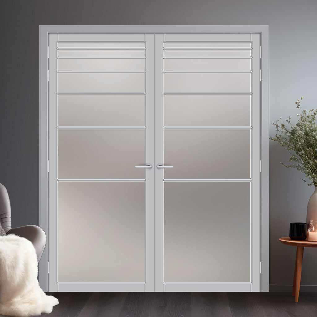 Revella Solid Wood Internal Door Pair UK Made DD0111F Frosted Glass - Mist Grey Premium Primed - Urban Lite® Bespoke Sizes