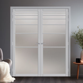 Image: Revella Solid Wood Internal Door Pair UK Made DD0111F Frosted Glass - Mist Grey Premium Primed - Urban Lite® Bespoke Sizes