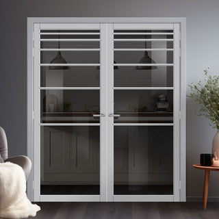 Image: Revella Solid Wood Internal Door Pair UK Made DD0111T Tinted Glass - Mist Grey Premium Primed - Urban Lite® Bespoke Sizes