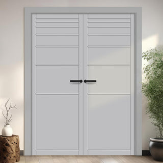 Image: Revella Panel Solid Wood Internal Door Pair UK Made DD0111P - Mist Grey Premium Primed - Urban Lite® Bespoke Sizes