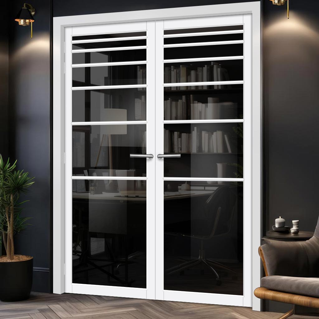 Revella Solid Wood Internal Door Pair UK Made DD0111T Tinted Glass - Cloud White Premium Primed - Urban Lite® Bespoke Sizes