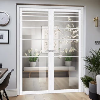 Image: Revella Solid Wood Internal Door Pair UK Made DD0111C Clear Glass - Cloud White Premium Primed - Urban Lite® Bespoke Sizes