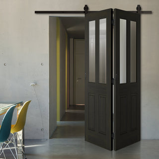Image: SpaceEasi Top Mounted Black Folding Track & Double Door  - Richmond Smoked Oak door - Clear Glass - Prefinished