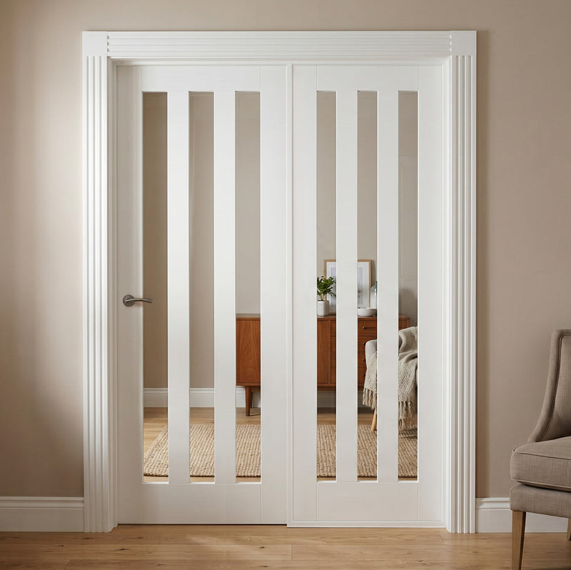 Room Divider - Utah 3 Pane Clear Glass White Primed Door with Single Side