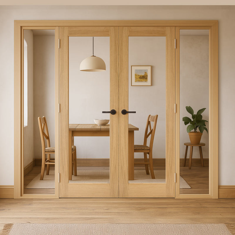 Oak Room Divider - Pattern 10 with Clear Glass Unfinished Door Pair with Full Glass Sides