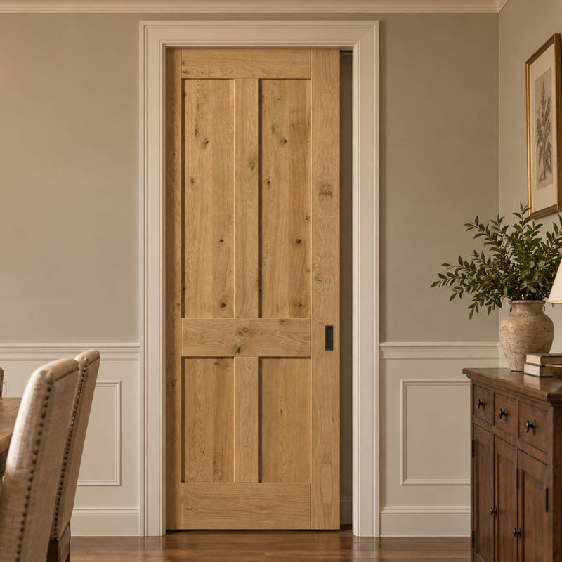 Rustic Oak Shaker 4 Panel Single Evokit Pocket Door - Prefinished