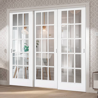 Image: Pass-Easi Three Sliding Doors and Frame Kit - SA 15 Pane Door - Clear Glass - White Painted