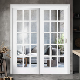 Image: Pass-Easi Two Sliding Doors and Frame Kit - SA 15 Pane Door - Clear Glass - White Painted