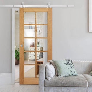 Image: Top Mounted Stainless Steel Sliding Track & Door - SA 10 Pane White Oak Door - Clear Glass - Unfinished