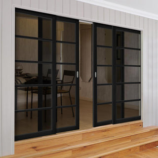 Image: Shoreditch Black Staffetta Quad Telescopic Pocket Door - Prefinished - Tinted Glass - Urban Collection