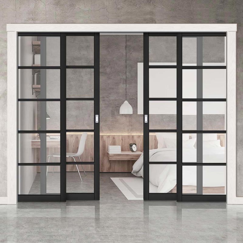 Shoreditch Black Staffetta Quad Telescopic Pocket Door - Prefinished - Clear Glass - Urban Collection