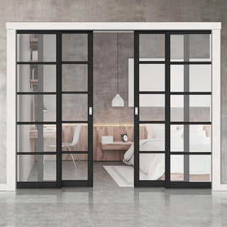 Image: Shoreditch Black Staffetta Quad Telescopic Pocket Door - Prefinished - Clear Glass - Urban Collection