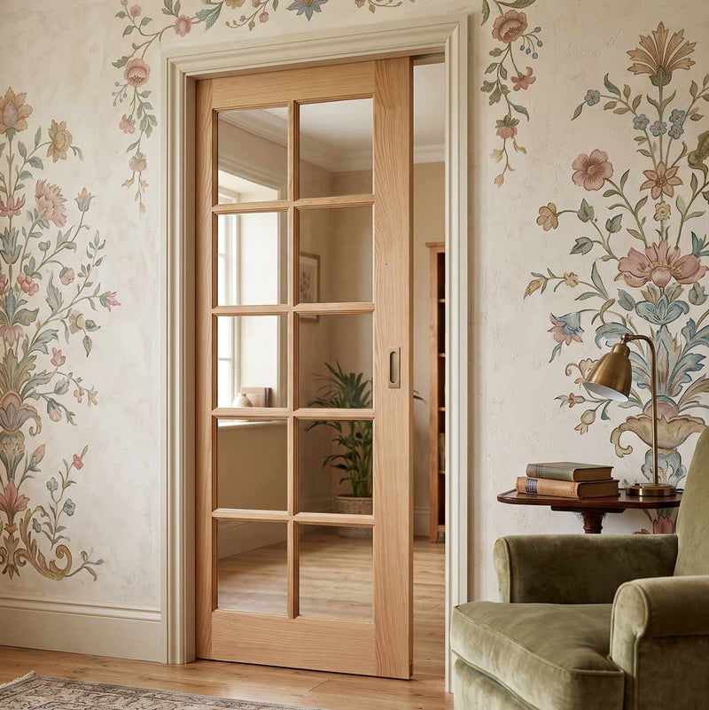 SA 10 Pane Oak Single Evokit Pocket Door - Clear Glass - Unfinished