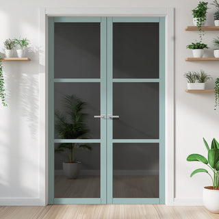 Image: Manchester 3 Pane Solid Wood Internal Door Pair UK Made DD6306 - Tinted Glass - Eco-Urban® Sage Sky Premium Primed