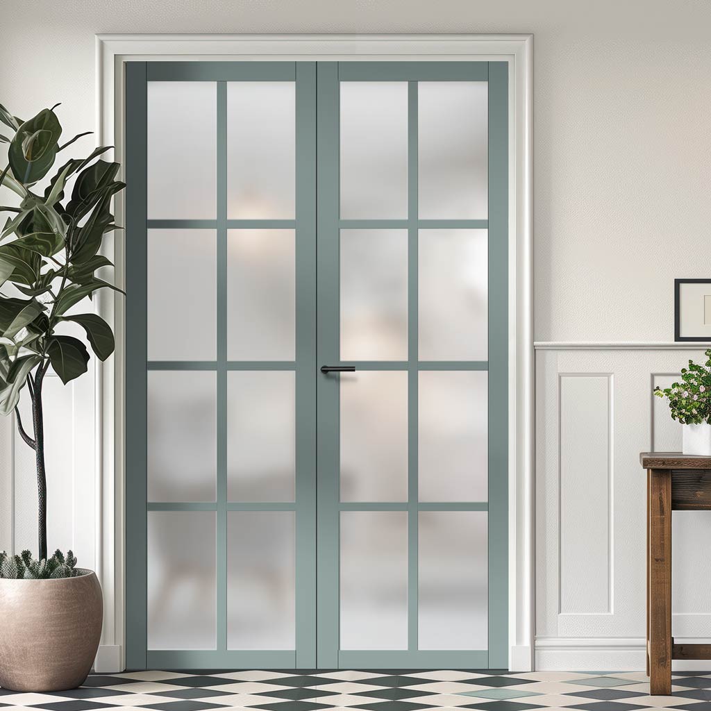 Eco-Urban Perth 8 Pane Solid Wood Internal Door Pair UK Made DD6318SG - Frosted Glass - Eco-Urban® Sage Sky Premium Primed