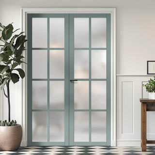 Image: Eco-Urban Perth 8 Pane Solid Wood Internal Door Pair UK Made DD6318SG - Frosted Glass - Eco-Urban® Sage Sky Premium Primed