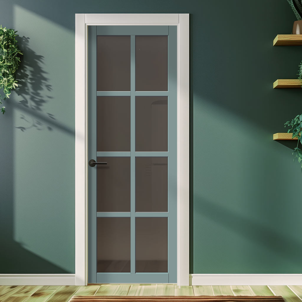 Perth 8 Pane Solid Wood Internal Door UK Made DD6318 - Tinted Glass - Eco-Urban® Sage Sky Premium Primed