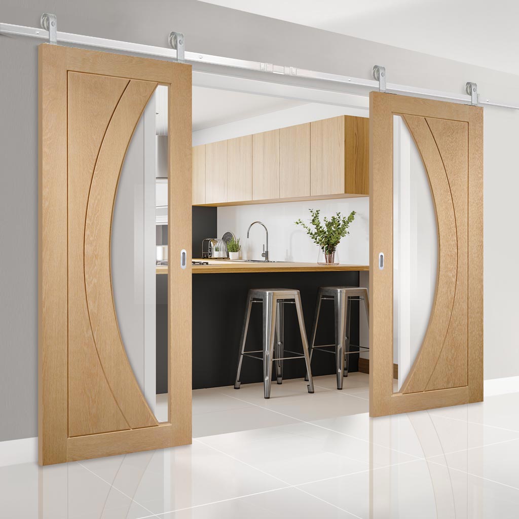 Top Mounted Stainless Steel Sliding Track & Double Door - Salerno Oak Doors - Clear Glass - Prefinished