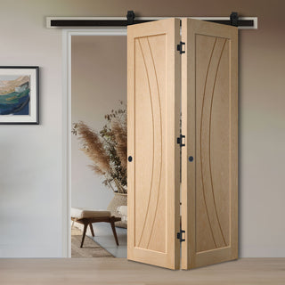 Image: SpaceEasi Top Mounted Black Folding Track & Double Door - Salerno Oak Flush Door - Unfinished