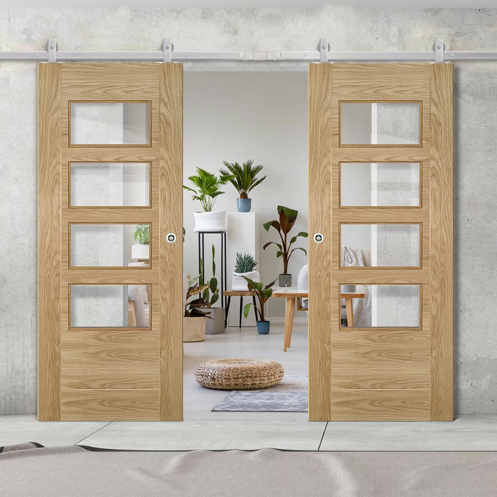 Top Mounted Stainless Steel Sliding Track & Seville 4L Glazed Oak Double Door - Prefinished