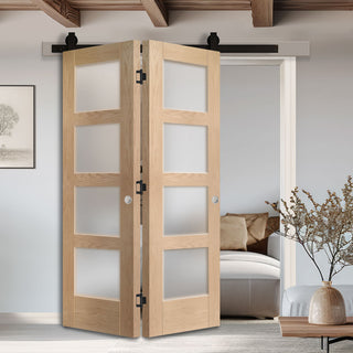 Image: SpaceEasi Top Mounted Black Folding Track & Double Door - 4 Pane Shaker Oak Door - Obscure Glass - Unfinished
