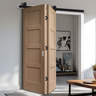 Image: SpaceEasi Top Mounted Black Folding Track & Double Door - 4 Panel Shaker Oak Solid Door - Unfinished