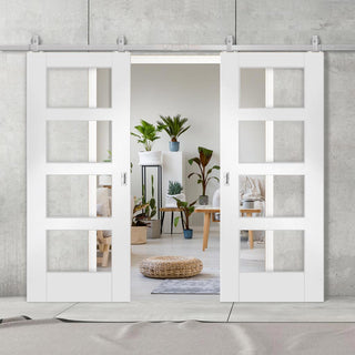Image: Top Mounted Stainless Steel Sliding Track & Double Door - Shaker 4 Pane Doors - Clear Glass - White Primed