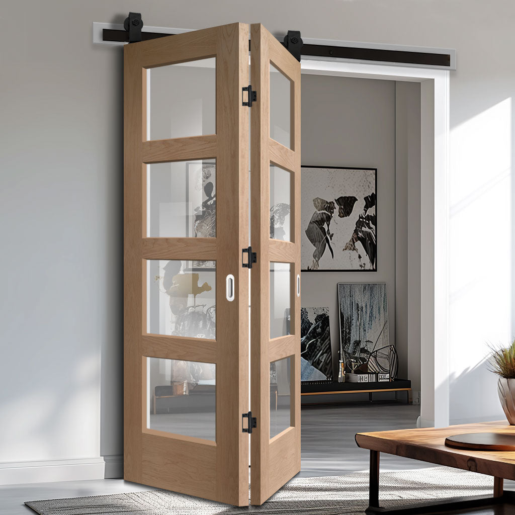 SpaceEasi Top Mounted Black Folding Track & Double Door - Shaker Oak 4 Pane Door - Clear Glass - Prefinished