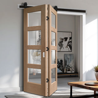 Image: SpaceEasi Top Mounted Black Folding Track & Double Door - Shaker Oak 4 Pane Door - Clear Glass - Prefinished