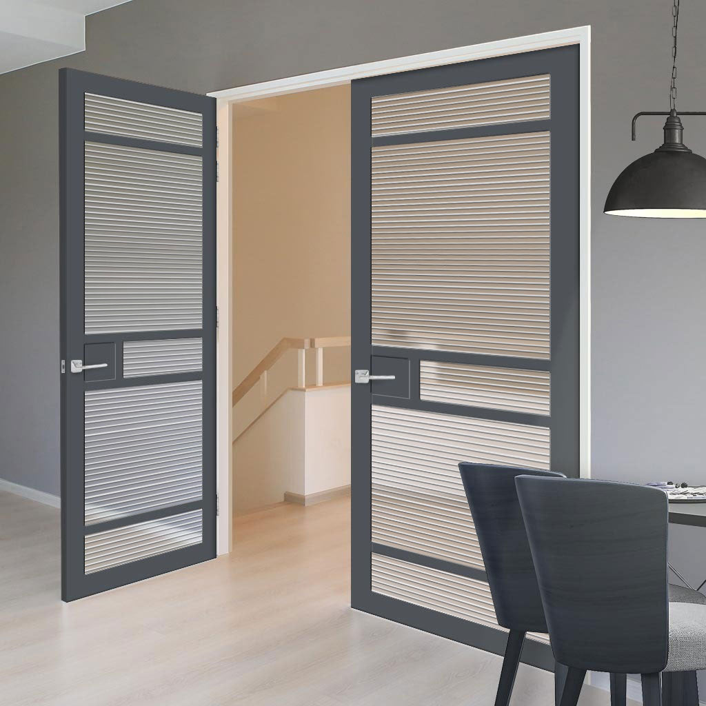 Sheffield 5 Pane Solid Wood Internal Door Pair UK Made DD6312 - Clear Reeded Glass - Eco-Urban® Stormy Grey Premium Primed