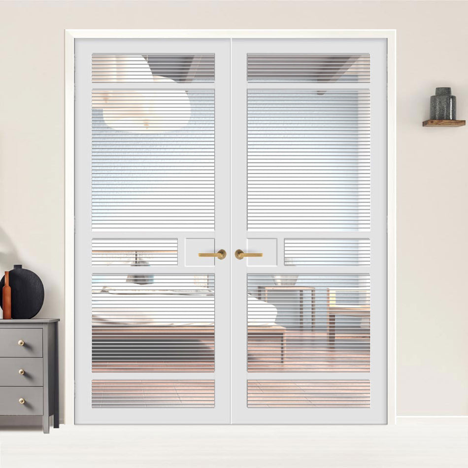 Sheffield 5 Pane Solid Wood Internal Door Pair UK Made DD6312 - Clear Reeded Glass - Eco-Urban® Cloud White Premium Primed