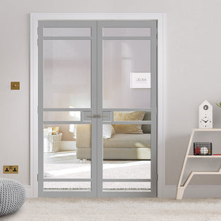 Image: Sheffield 5 Pane Solid Wood Internal Door Pair UK Made DD6312G - Clear Glass - Eco-Urban® Mist Grey Premium Primed