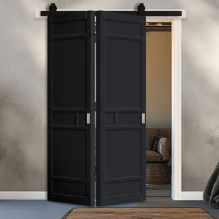 Image: SpaceEasi Top Mounted Black Folding Track & Double Door - Eco-Urban® Sheffield 5 Panel Solid Wood Door DD6312 - Premium Primed Colour Options