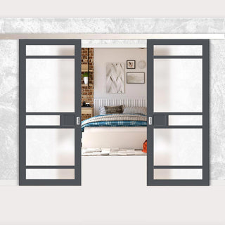 Image: Double Sliding Door & Premium Wall Track - Eco-Urban® Sheffield 5 Pane Doors DD6312SG - Frosted Glass - 6 Colour Options