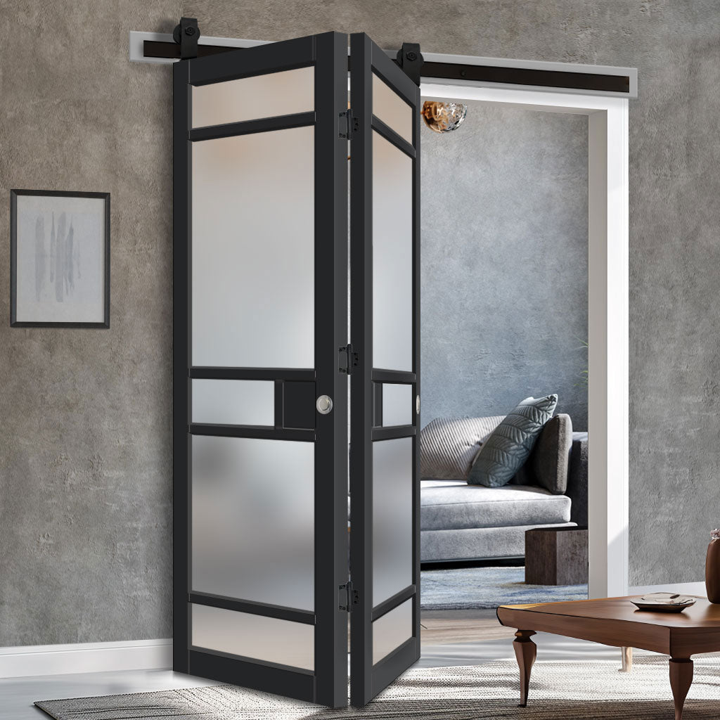 SpaceEasi Top Mounted Black Folding Track & Double Door - Eco-Urban® Sheffield 5 Pane Solid Wood Door DD6312SG - Frosted Glass - Premium Primed Colour Options