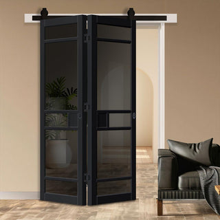 Image: SpaceEasi Top Mounted Black Folding Track & Double Door - Handcrafted Eco-Urban Sheffield 5 Pane Solid Wood Door DD6312 - Tinted Glass - Premium Primed Colour Options