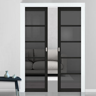 Image: Shoreditch Black Double Evokit Pocket Doors - Prefinished - Tinted Glass - Urban Collection