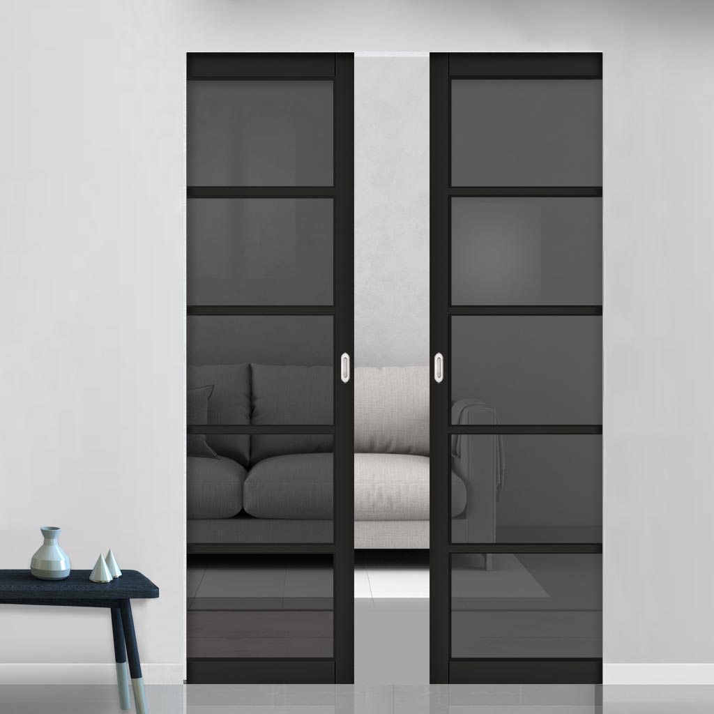 Shoreditch Black Double Absolute Evokit Double Pocket Door - Prefinished - Tinted Glass - Urban Collection