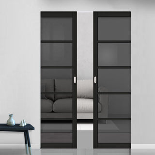 Image: Shoreditch Black Double Absolute Evokit Double Pocket Door - Prefinished - Tinted Glass - Urban Collection