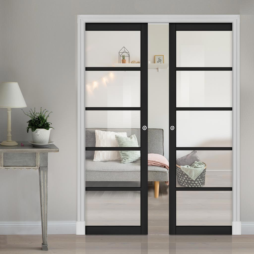 Shoreditch Black Double Evokit Pocket Doors - Prefinished - Clear Glass - Urban Collection