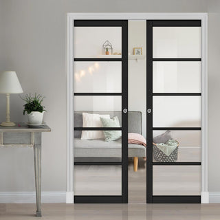Image: Shoreditch Black Double Evokit Pocket Doors - Prefinished - Clear Glass - Urban Collection
