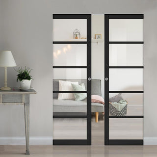Image: Shoreditch Black Double Absolute Evokit Double Pocket Door - Prefinished - Clear Glass - Urban Collection
