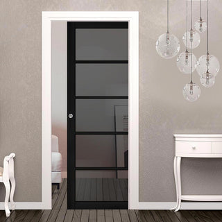 Image: Shoreditch Black Single Evokit Pocket Door - Prefinished - Tinted Glass - Urban Collection